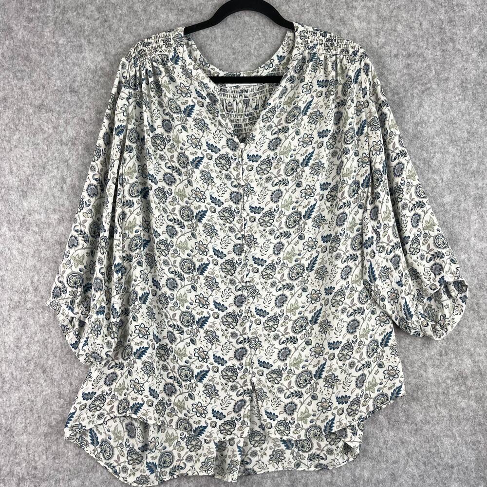 Rose Olive Tunic Top Womens 3X Floral Blouse Smocked Button Front‎ Ruffle Flowy